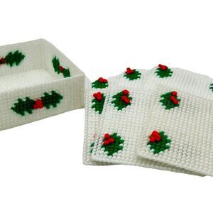 Vintage Handmade Christmas Holiday Drink Coasters Plastic Canvas Yarn Holly Set